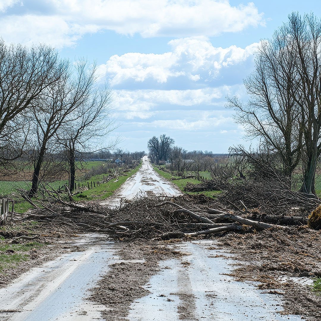 Storm damaged tree on road
